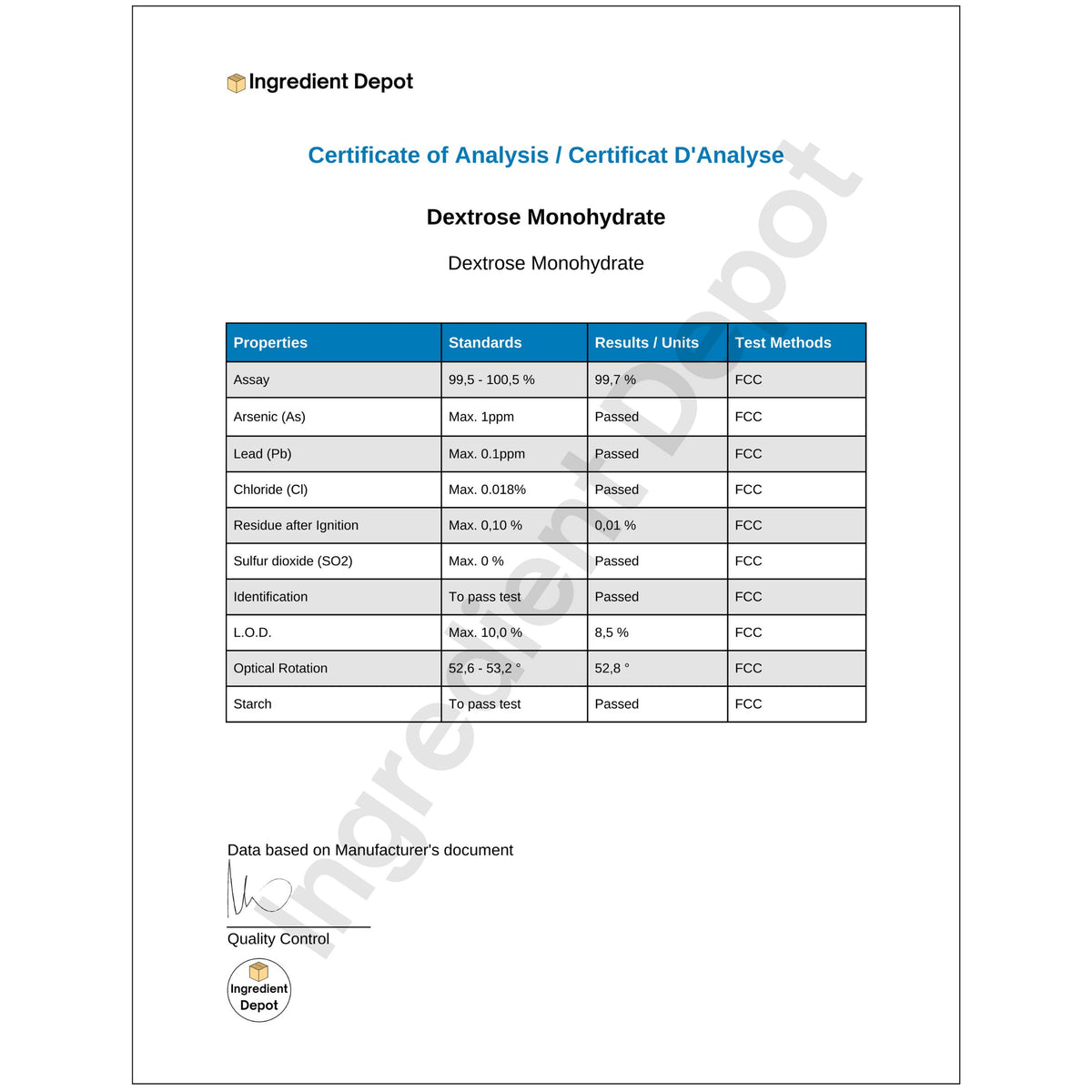 Dextrose Monohydrate 7 kgs COA