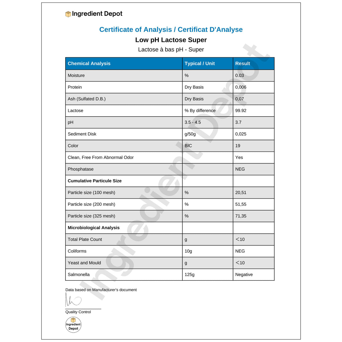 Lactose Super Food Grade 10 kgs COA