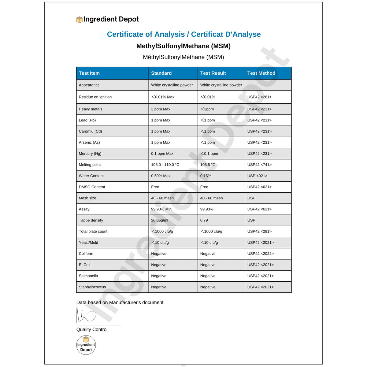 MSM Methylsulfonylmethane 10 kgs COA
