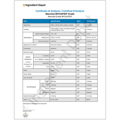 Mannitol BP/USP/EP Grade 8 kgs - IngredientDepot.com
