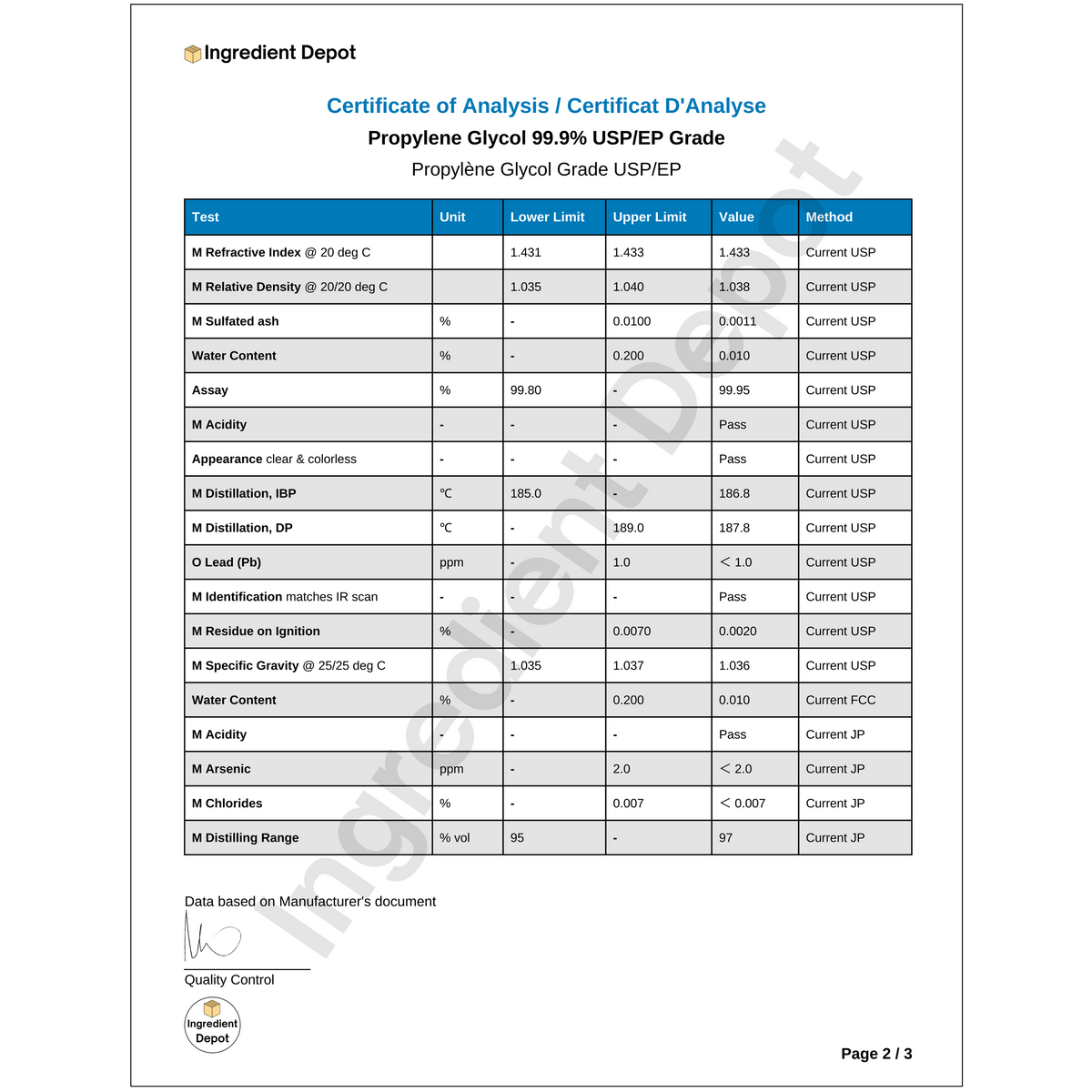 Propylene Glycol 99.9% USP/EP Grade 2.5 litres COA Page 2 of 3